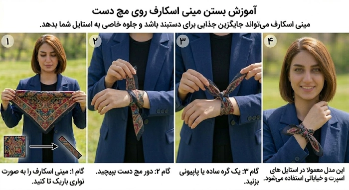آموزش بستن مینی اسکارف دور مچ دست